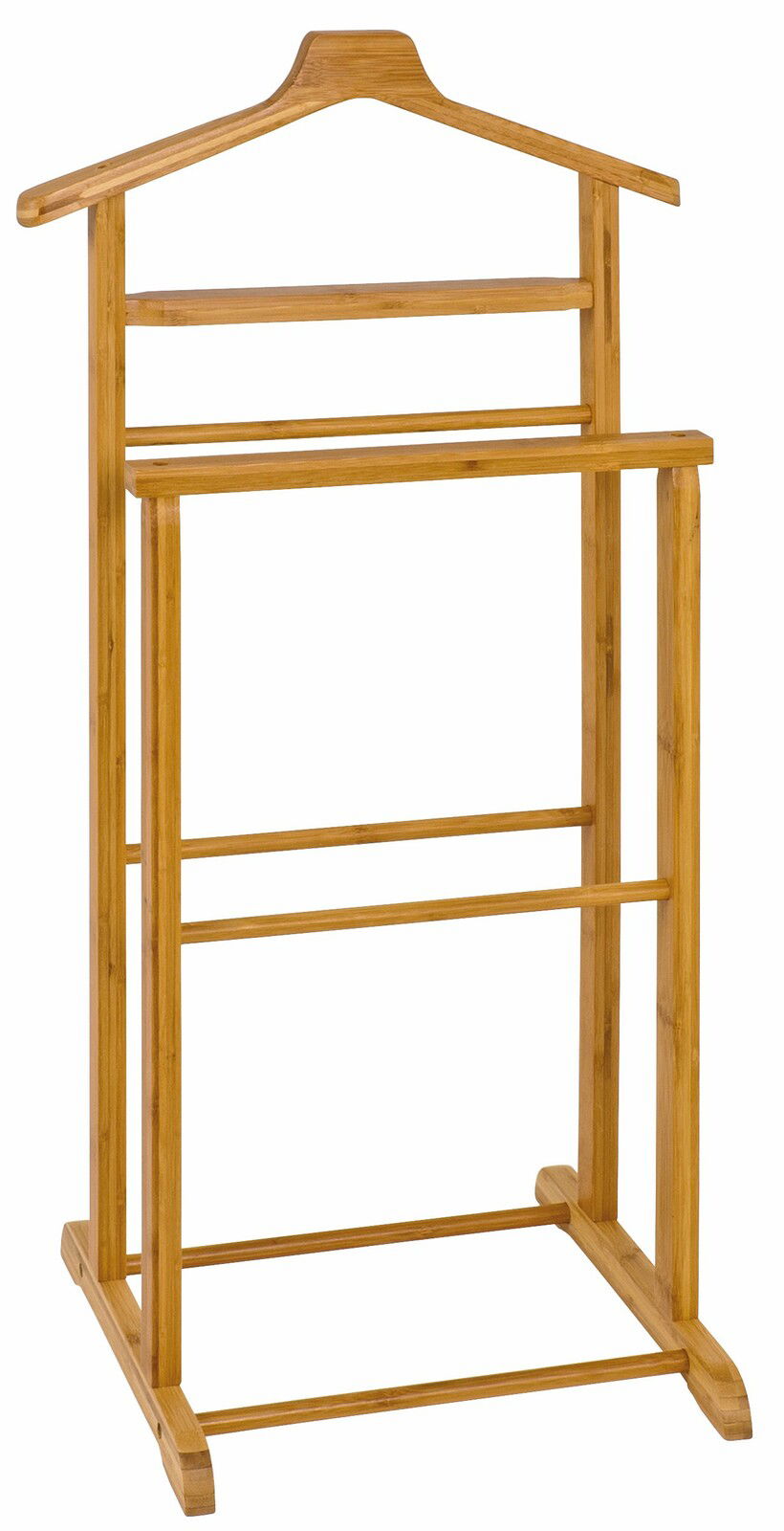 Holzfarbener Herrendiener aus Bambus mit mehreren Stangen, seitliche Perspektive