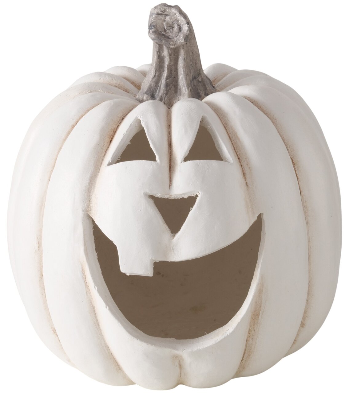 Weißer Deko-Kürbis mit lachendem Gesicht, Frontalansicht