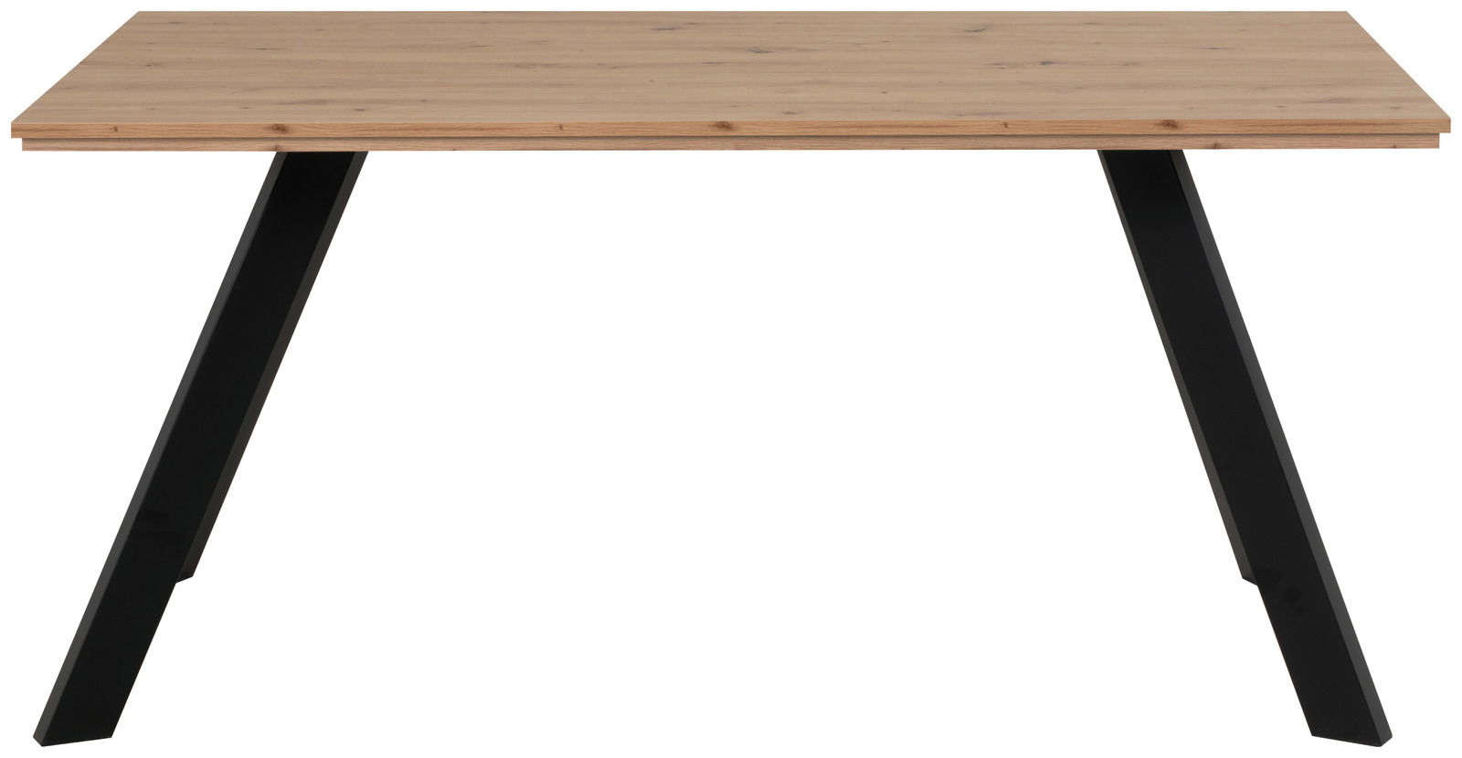 Moderner Esstisch mit Holzplatte und schwarzen Metallbeinen, Frontalansicht