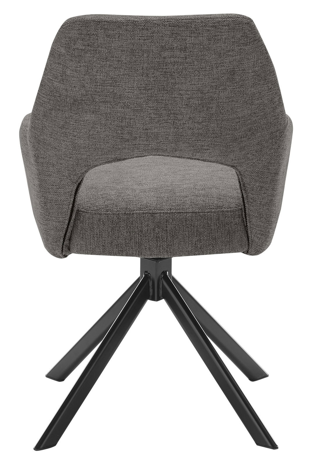 Rückansicht eines grauen Armlehnstuhls mit schwarzem Metallgestell