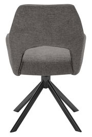 Rückansicht eines grauen Armlehnstuhls mit schwarzem Metallgestell