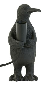 Schwarze Tischleuchte in Form eines Pinguins, der eine Lampenfassung hält. Frontalansicht.