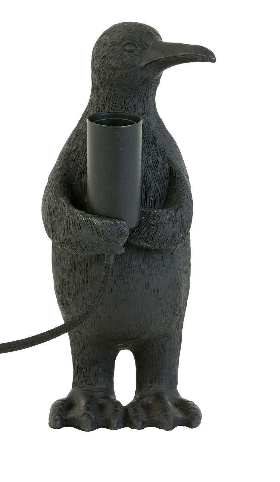 Schwarze Tischleuchte in Form eines Pinguins, der eine Lampenfassung hält. Frontalansicht.