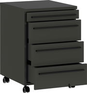 Schwarzer Rollcontainer mit vier Schubladen, teilweise geöffnet, auf Rollen, seitliche Perspektive