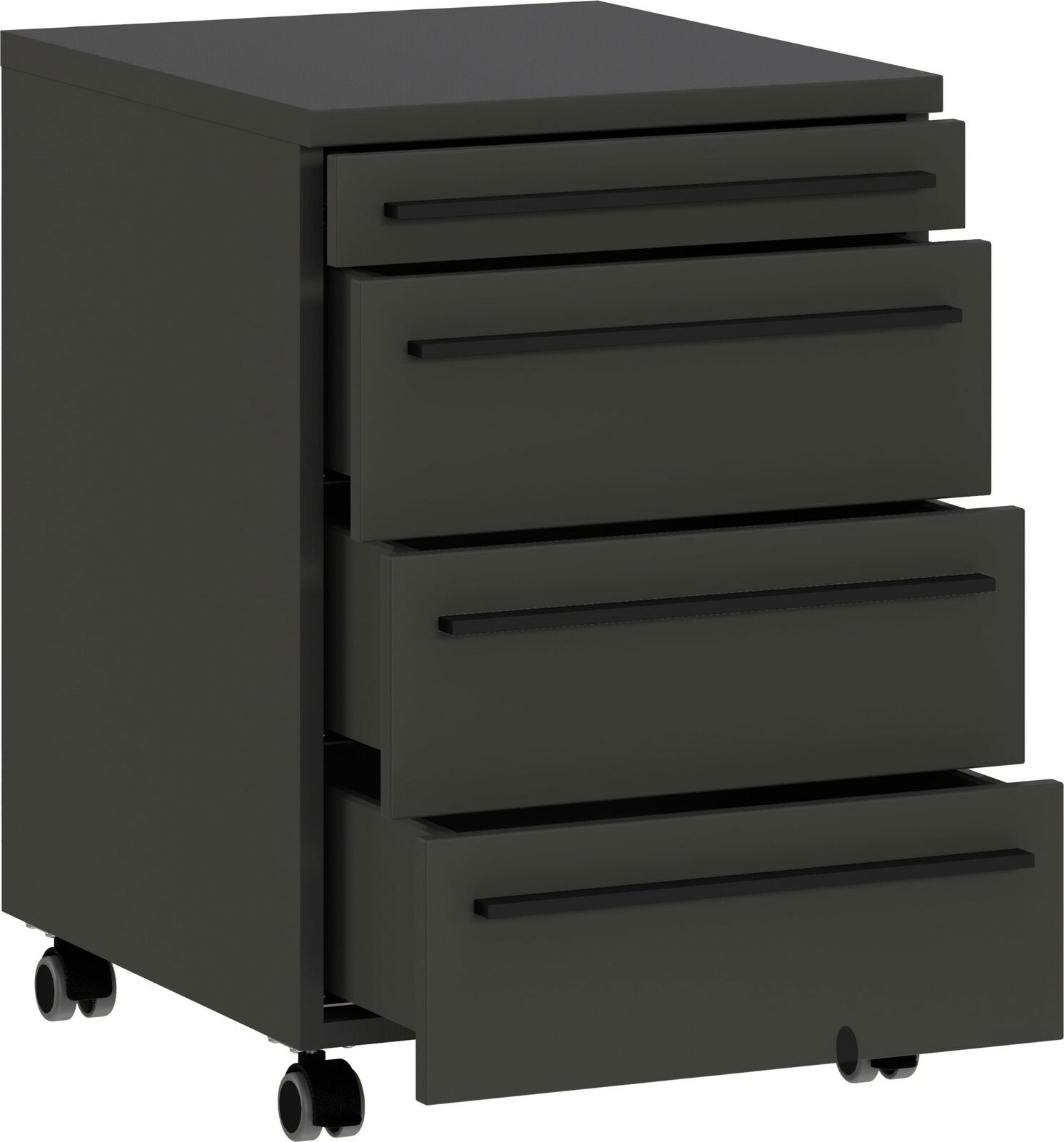 Schwarzer Rollcontainer mit vier Schubladen, teilweise geöffnet, auf Rollen, seitliche Perspektive