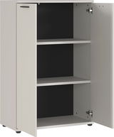 Aktenschrank mit zwei offenen Türen und zwei Einlegeböden, seitliche Perspektive