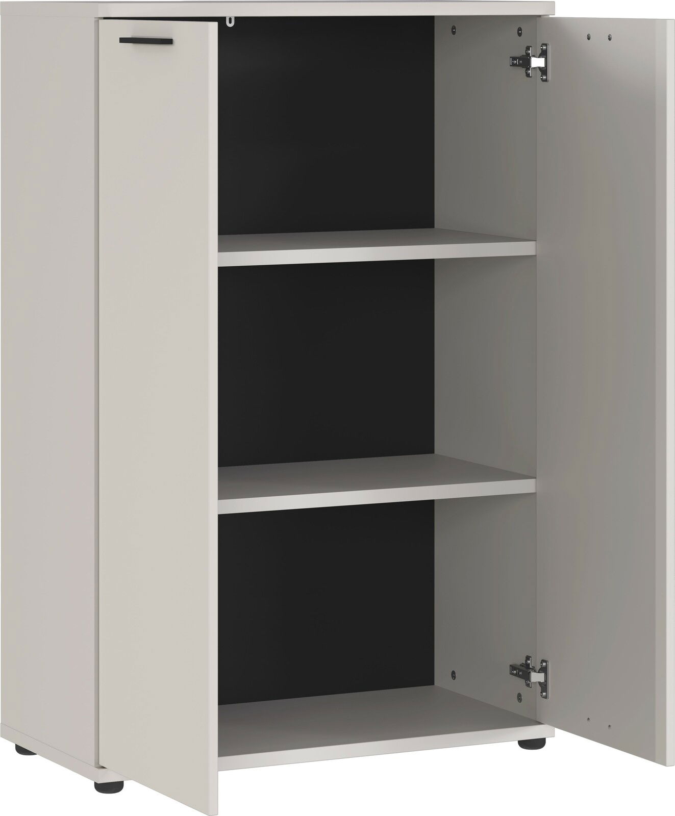 Aktenschrank mit zwei offenen Türen und zwei Einlegeböden, seitliche Perspektive