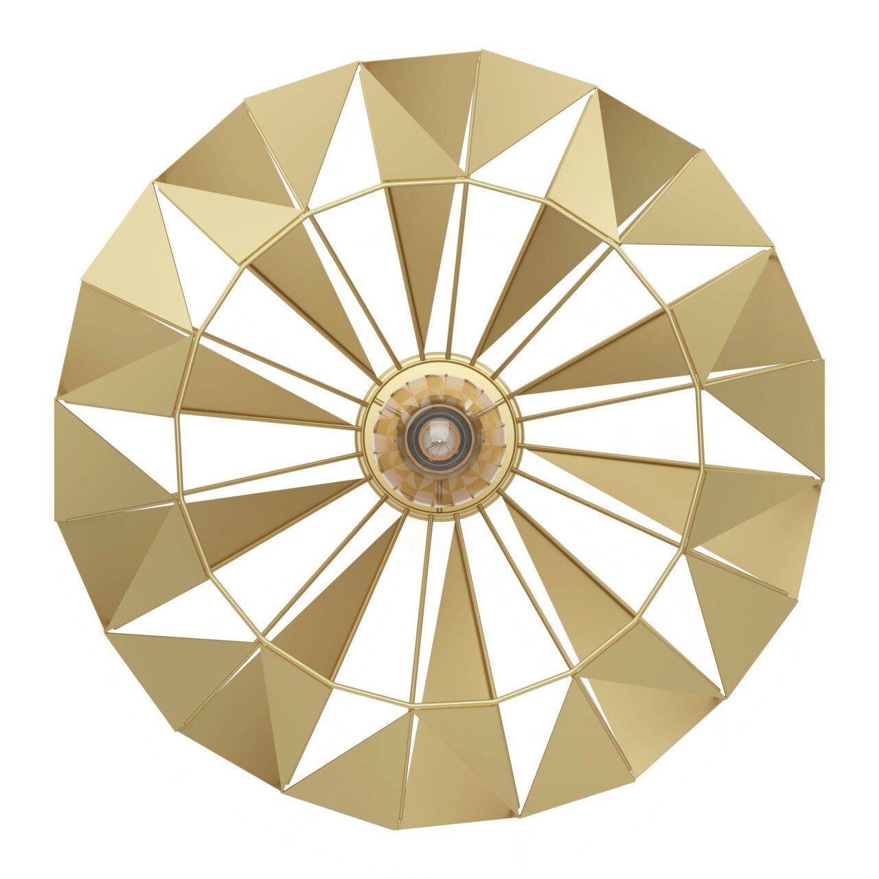 Deckenleuchte CARLTON in goldener Farbe, von unten betrachtet, mit geometrischem Design aus dreieckigen Elementen.