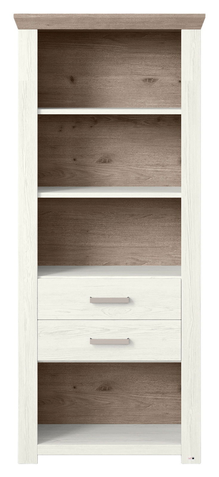 Regal mit Holzoptik, zwei Schubladen und drei offenen Fächern, Frontalansicht