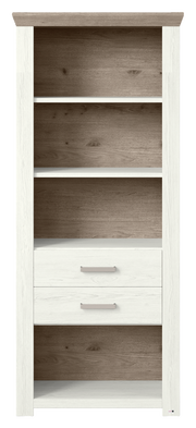 Regal mit Holzoptik, zwei Schubladen und drei offenen Fächern, Frontalansicht