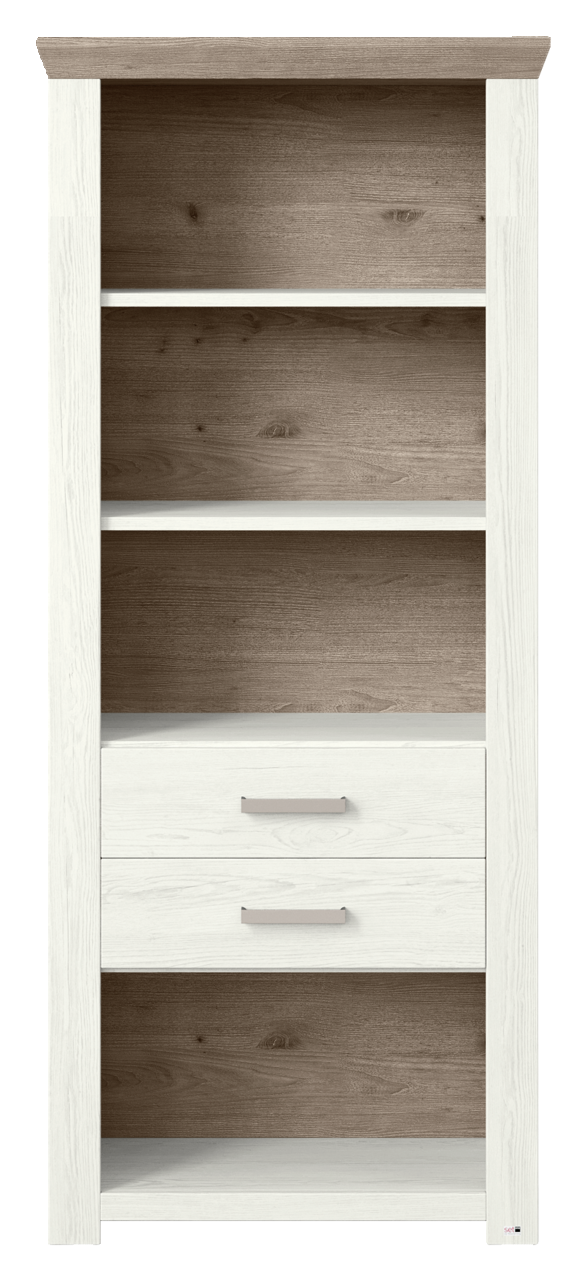 Regal mit Holzoptik, zwei Schubladen und drei offenen Fächern, Frontalansicht