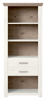 Regal mit Holzoptik, zwei Schubladen und drei offenen Fächern, Frontalansicht