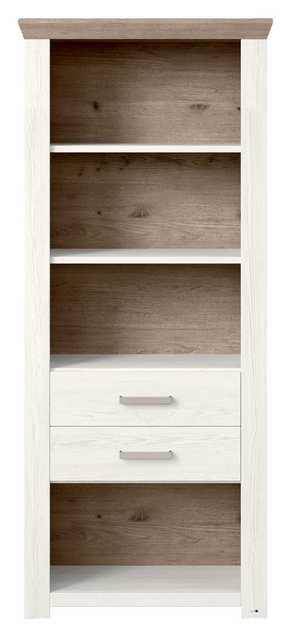 Regal mit Holzoptik, zwei Schubladen und drei offenen Fächern, Frontalansicht