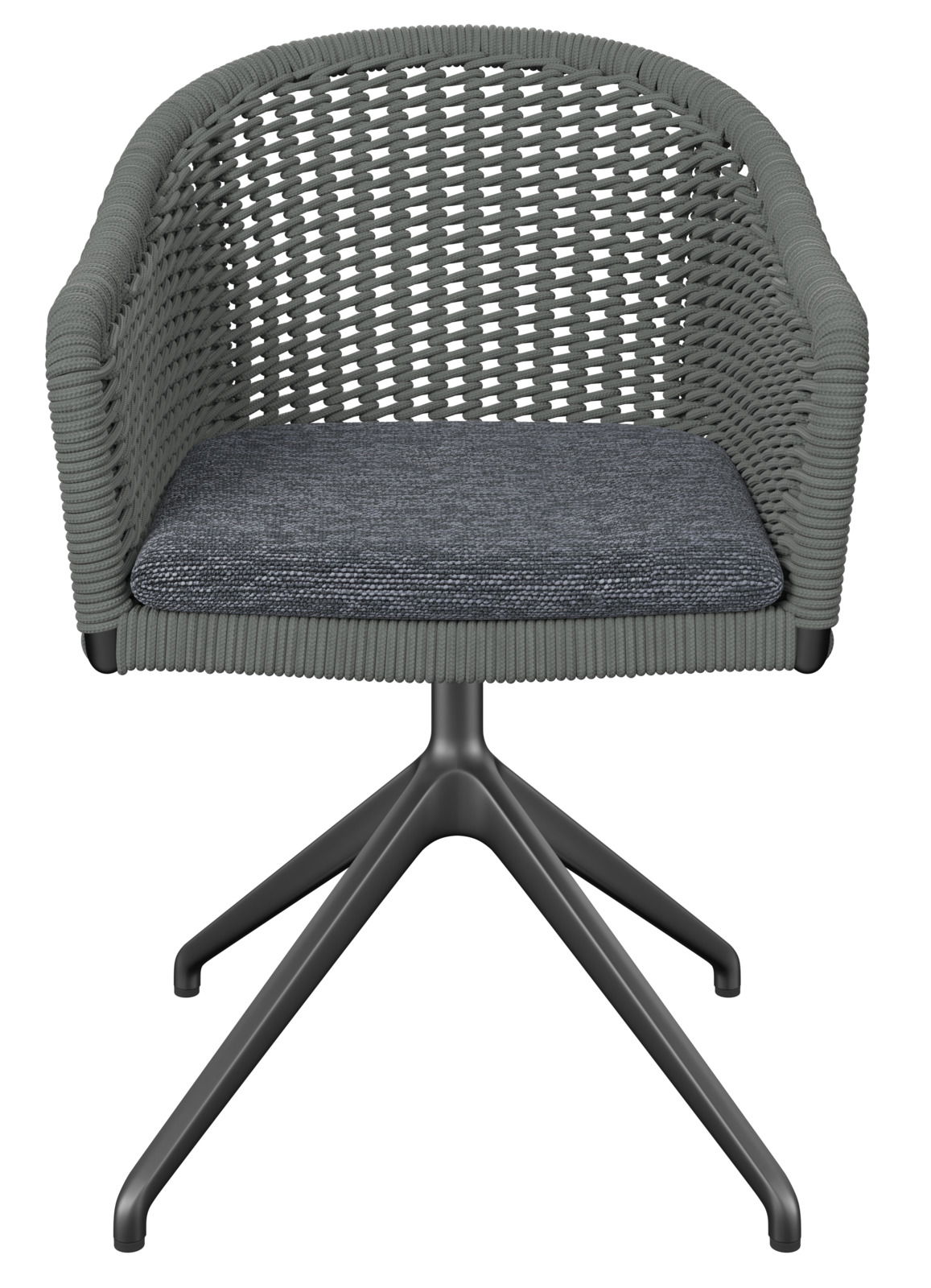 Grauer Armlehnstuhl mit geflochtenem Design und gepolstertem Sitz, Vorderansicht