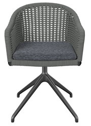 Grauer Armlehnstuhl mit geflochtenem Design und gepolstertem Sitz, Vorderansicht