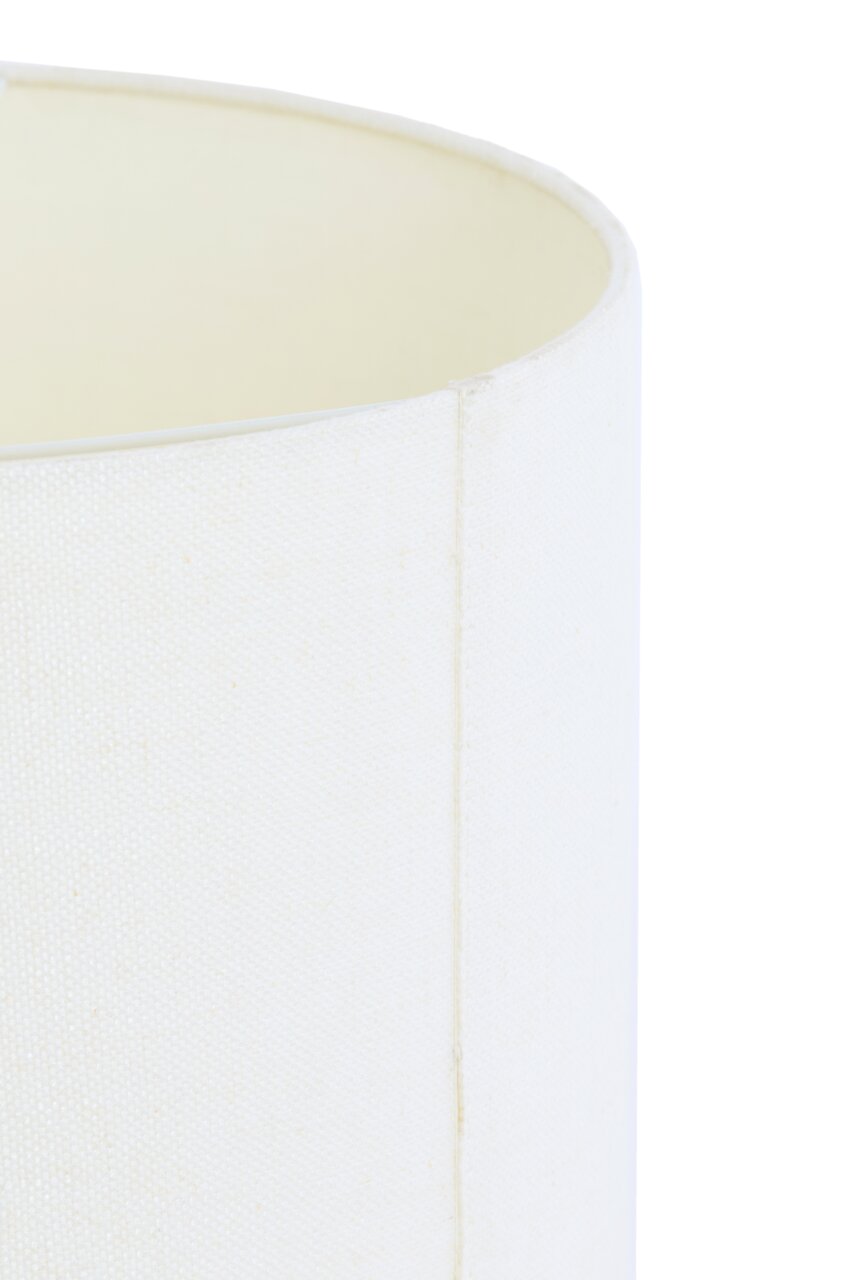 Close-up van een witte, cilindervormige stoffen lampenkap, gezien vanaf de zijkant.