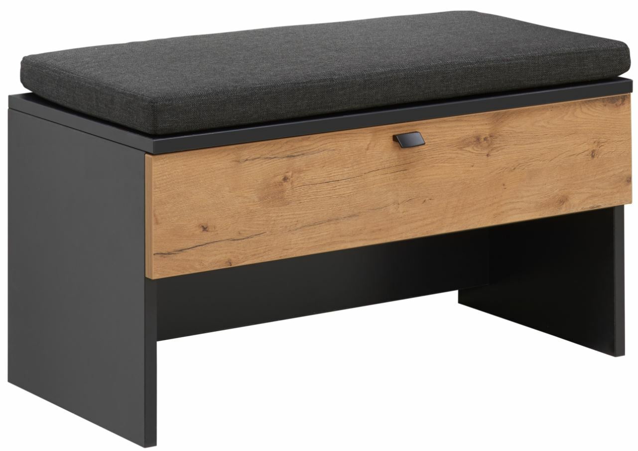 Bank mit schwarzem Gestell und Holzfront, gepolstertem Sitzkissen in Dunkelgrau, seitliche Perspektive