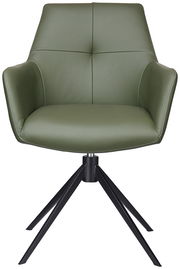 Grüner Armlehnstuhl mit schwarzem Metallgestell, Frontalansicht