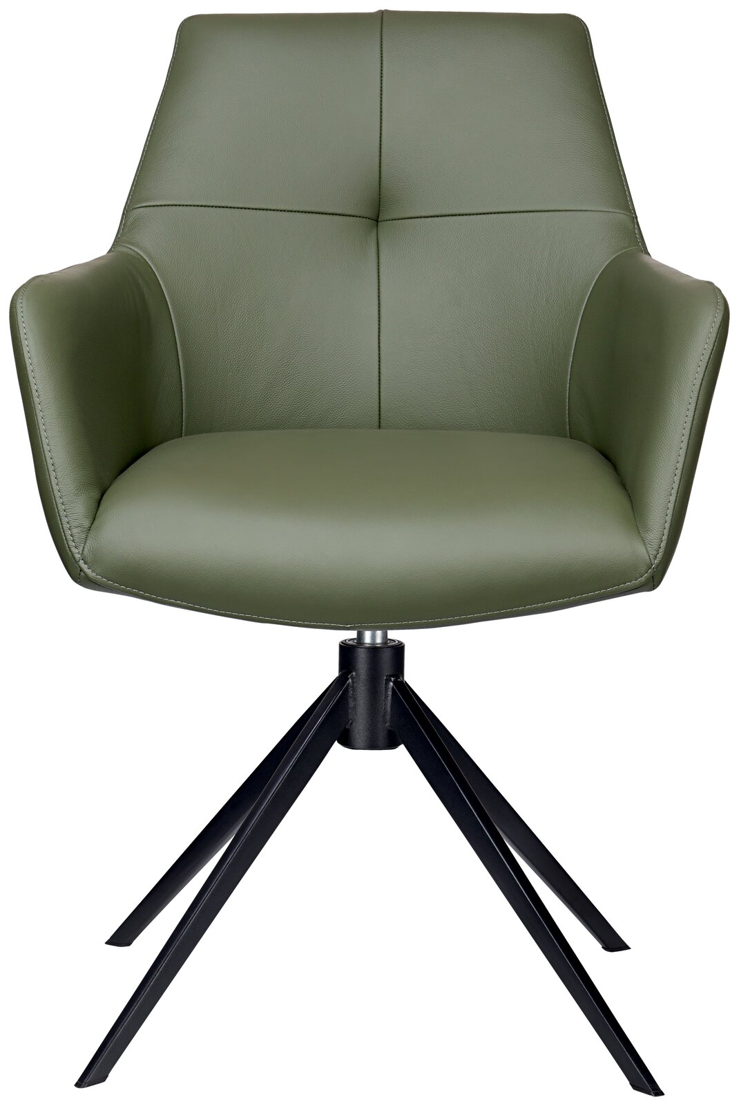 Grüner Armlehnstuhl mit schwarzem Metallgestell, Frontalansicht