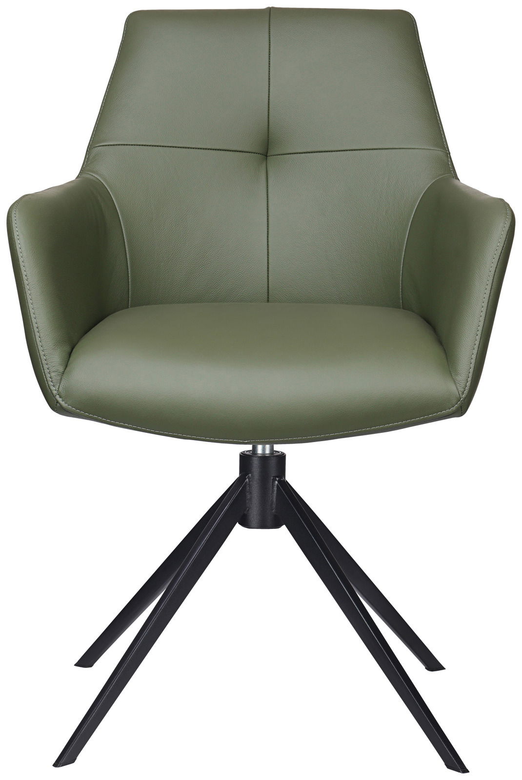 Grüner Armlehnstuhl mit schwarzem Metallgestell, Frontalansicht