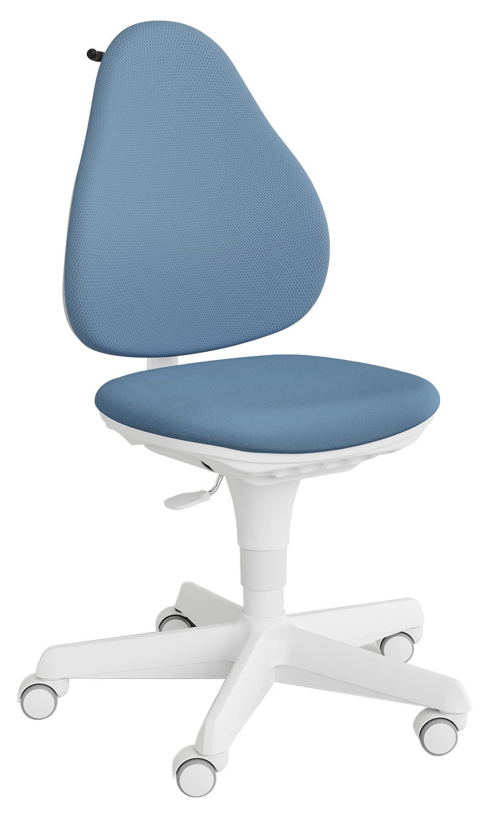 Moderner Jugenddrehstuhl in Blau mit ergonomischer Rückenlehne und weißem Fußkreuz, seitliche Perspektive