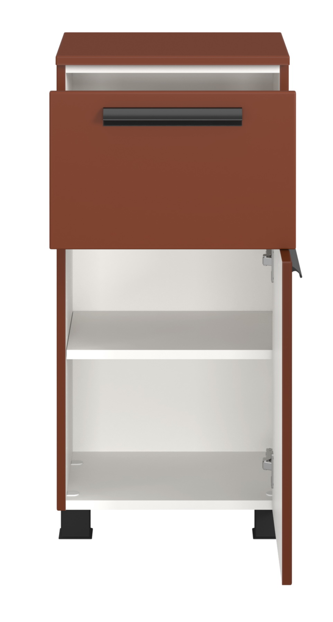 Vorderansicht eines Unterschranks mit einer Schublade und einer offenen Tür, die zwei Regalböden zeigt.