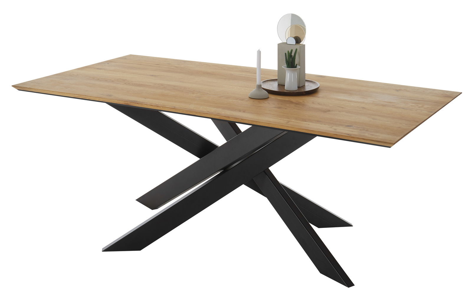 Set one by Musterring Esstisch SET ONE LAKEWOOD Moderner Esstisch mit Holzplatte und schwarzem, gekreuztem Metallgestell, seitliche Perspektive