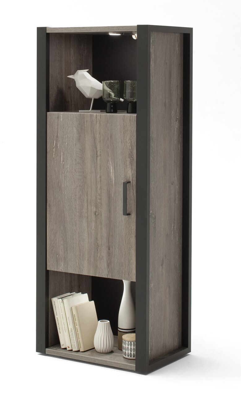 Modern houten hoogkast met zwart frame, versierd met boeken, vazen en een geometrische vogel, gezien vanuit de zijkant.