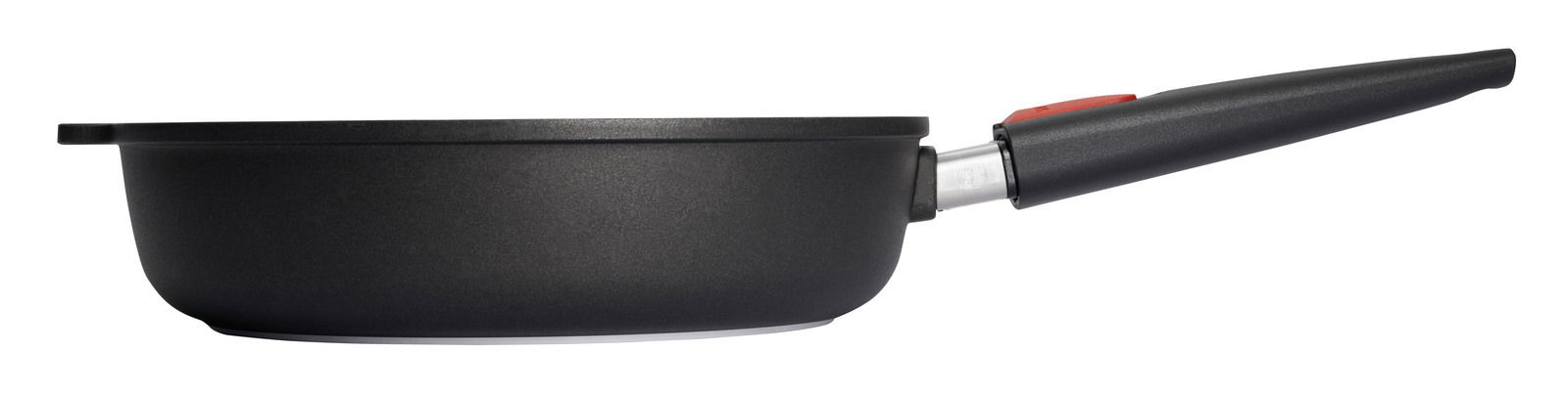 Seitenansicht einer schwarzen Guss-Hochrandpfanne mit langem Griff, Modell Nowo, 28 cm Durchmesser.