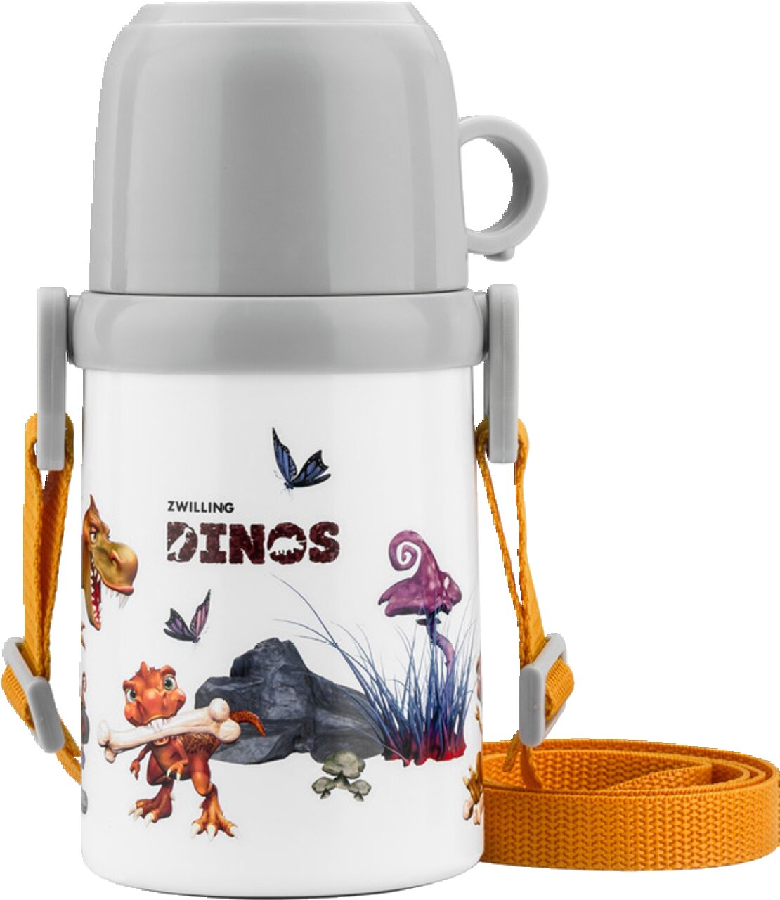 Thermoflasche mit Becher und Dino-Motiven, Vorderansicht, mit grauem Deckel und orangefarbenem Tragegurt