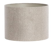 Zylindrischer Lampenschirm aus beigem Stoff, seitliche Perspektive