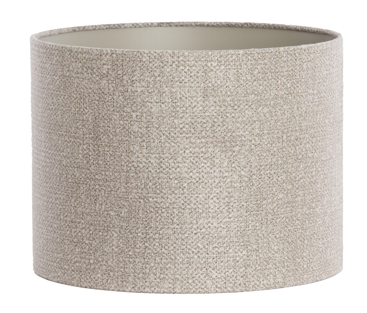 Zylindrischer Lampenschirm aus beigem Stoff, seitliche Perspektive