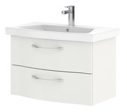 Moderner Waschtisch mit zwei Schubladen und integriertem Wasserhahn, seitliche Perspektive