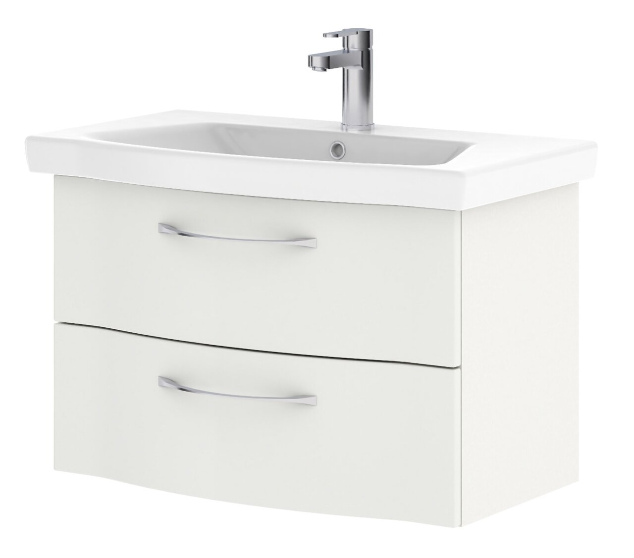 Moderner Waschtisch mit zwei Schubladen und integriertem Wasserhahn, seitliche Perspektive