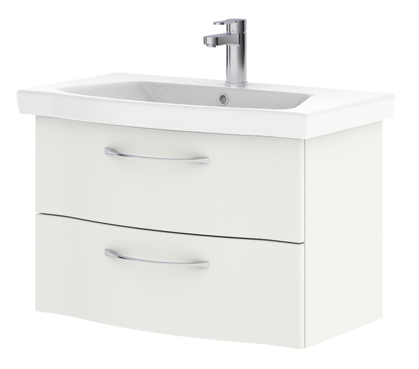 Moderner Waschtisch mit zwei Schubladen und integriertem Wasserhahn, seitliche Perspektive