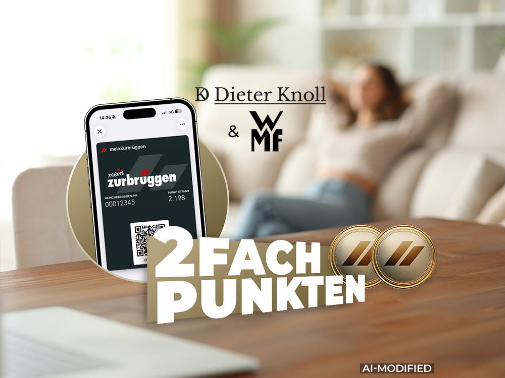 Smartphone mit meinZurbrüggen-App, „2fach punkten“-Aktion und WMF-Logo vor unscharfem Wohnambiente. KI-generiert