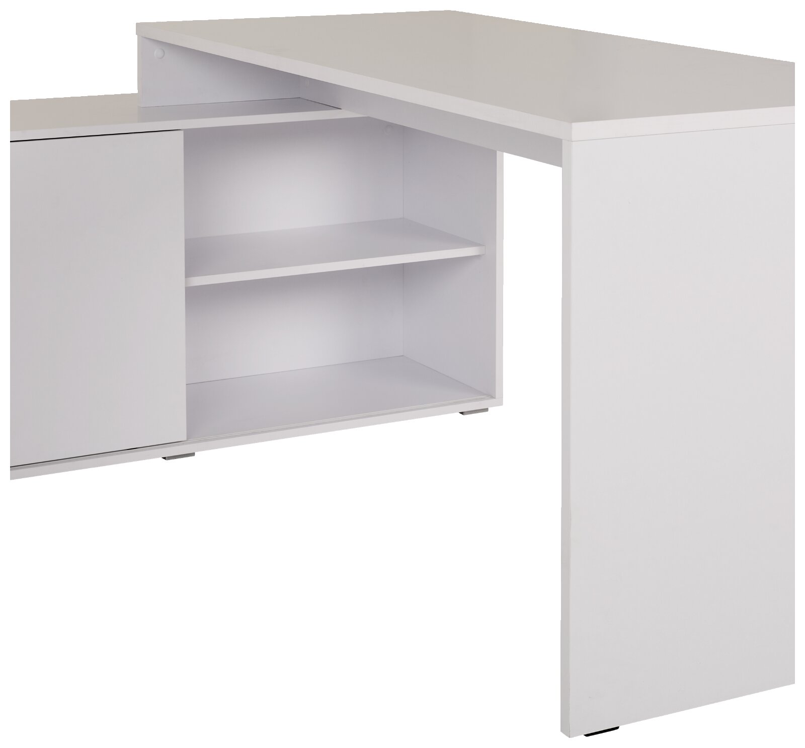Wit bureau met zijpaneel en open opbergvak met legplank, schuin van voren rechts gefotografeerd