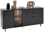 Modernes Sideboard in dunklem Design mit dekorativen Objekten auf der Oberseite, seitliche Perspektive.