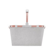 Frontansicht eines grauen Einkaufskorbs mit rosafarbenem Griff und Rahmen.