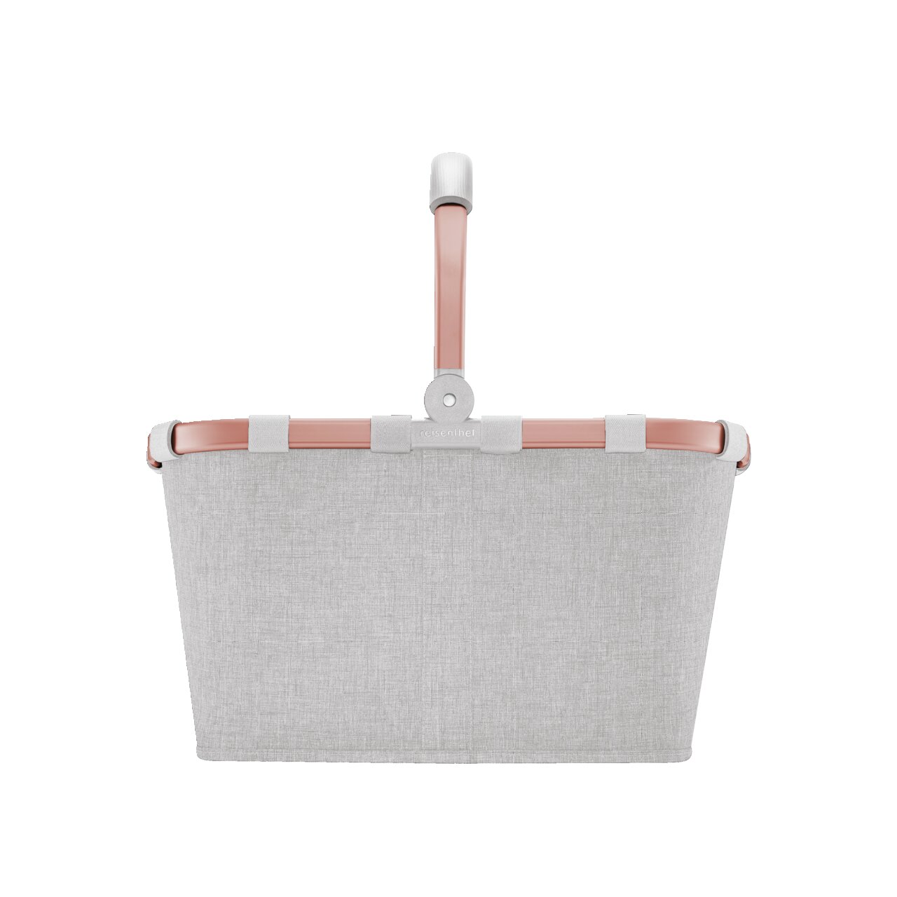 Frontansicht eines grauen Einkaufskorbs mit rosafarbenem Griff und Rahmen.