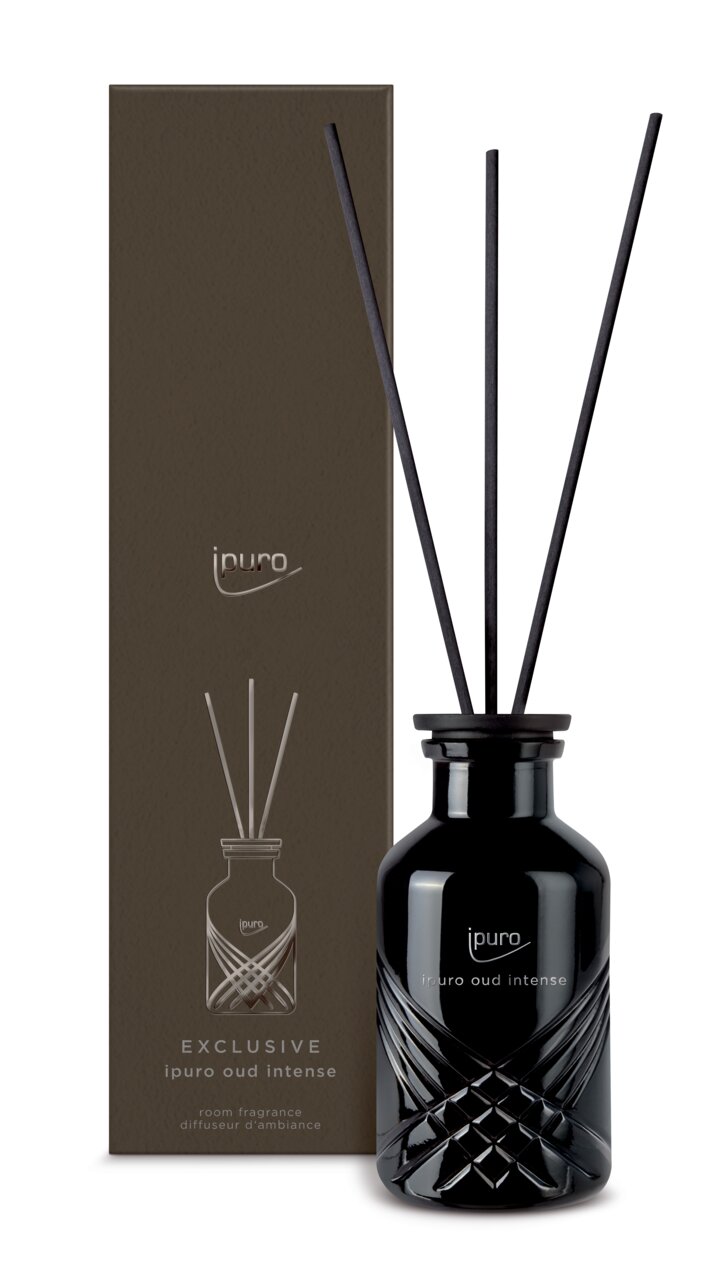 Schwarzer Raumduft-Diffusor mit eleganten Stäbchen und Verpackung, Vorderansicht