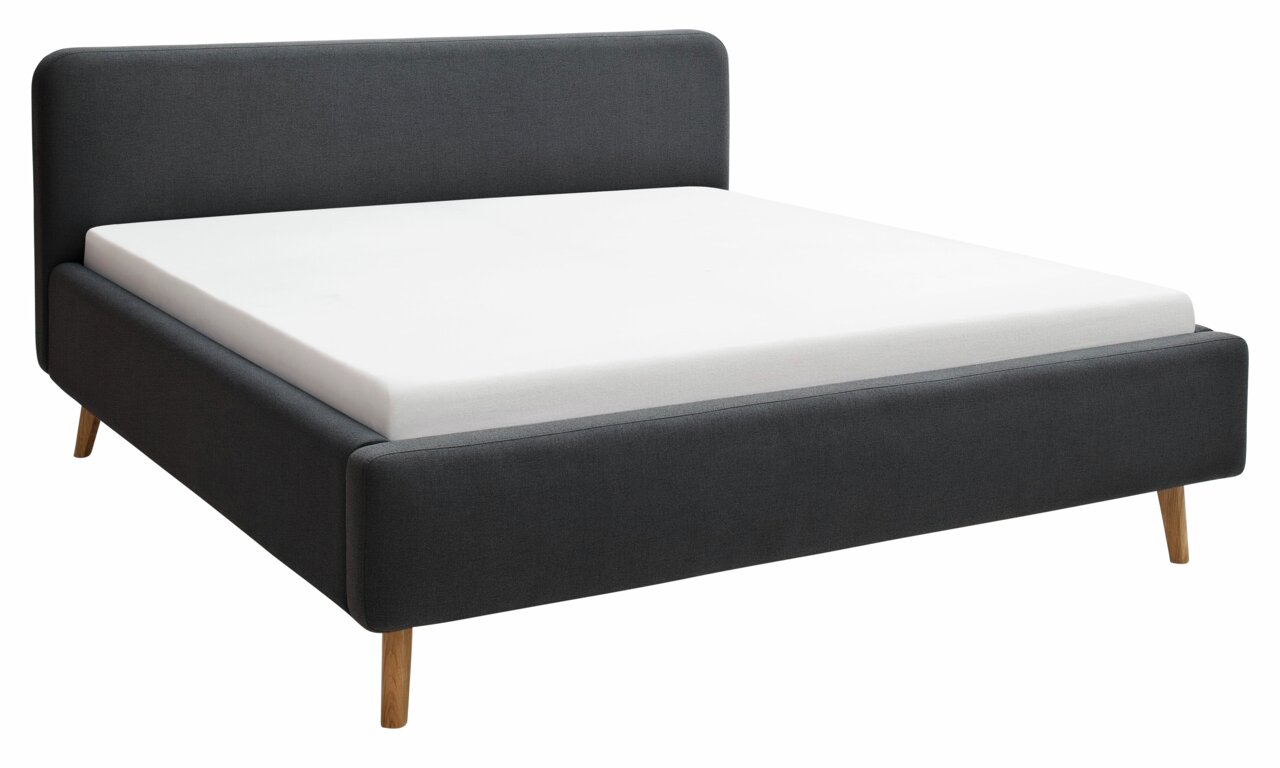 Modernes Polsterbett in Dunkelgrau mit Holzfüßen, seitliche Perspektive