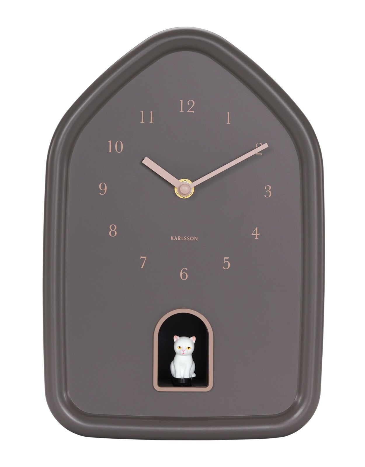 Moderne Wanduhr in Hausform mit grauem Zifferblatt und goldenen Zeigern, inklusive einer kleinen weißen Katze in einer Öffnung unten. Frontalansicht.