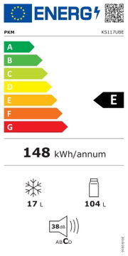 EU-Energielabel für PKM KS117UBE, Energieeffizienzklasse E, 148 kWh/Jahr, 104 l Kühlteil und 17 l Gefrierteil, Geräusch 38 dB (Klasse C), frontale Ansicht