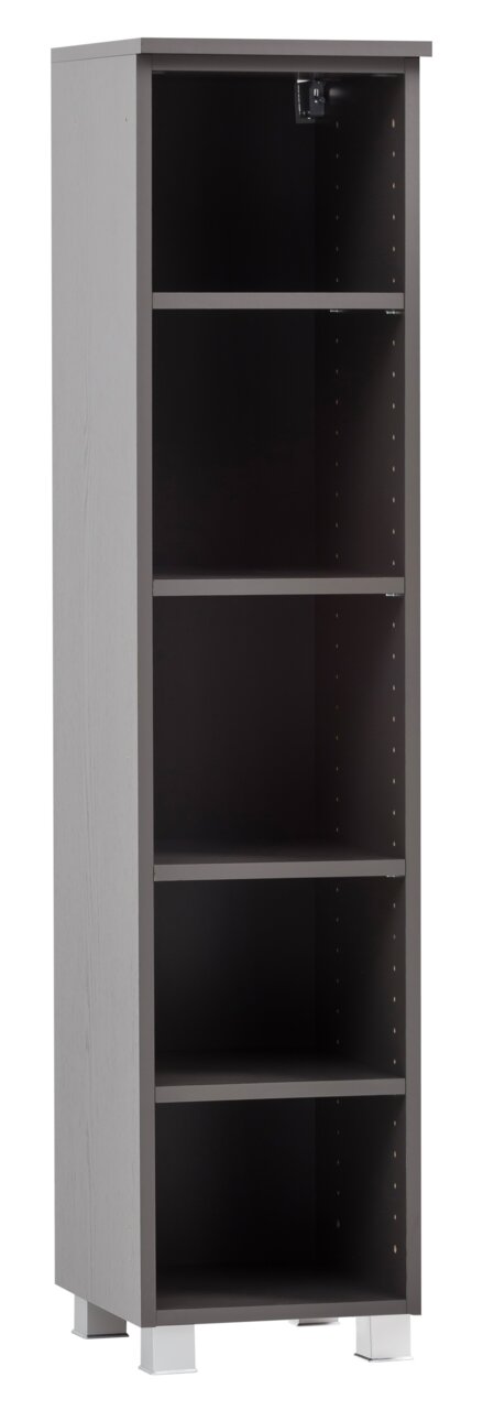 Graues Midi-Regal mit fünf offenen Fächern, seitliche Perspektive