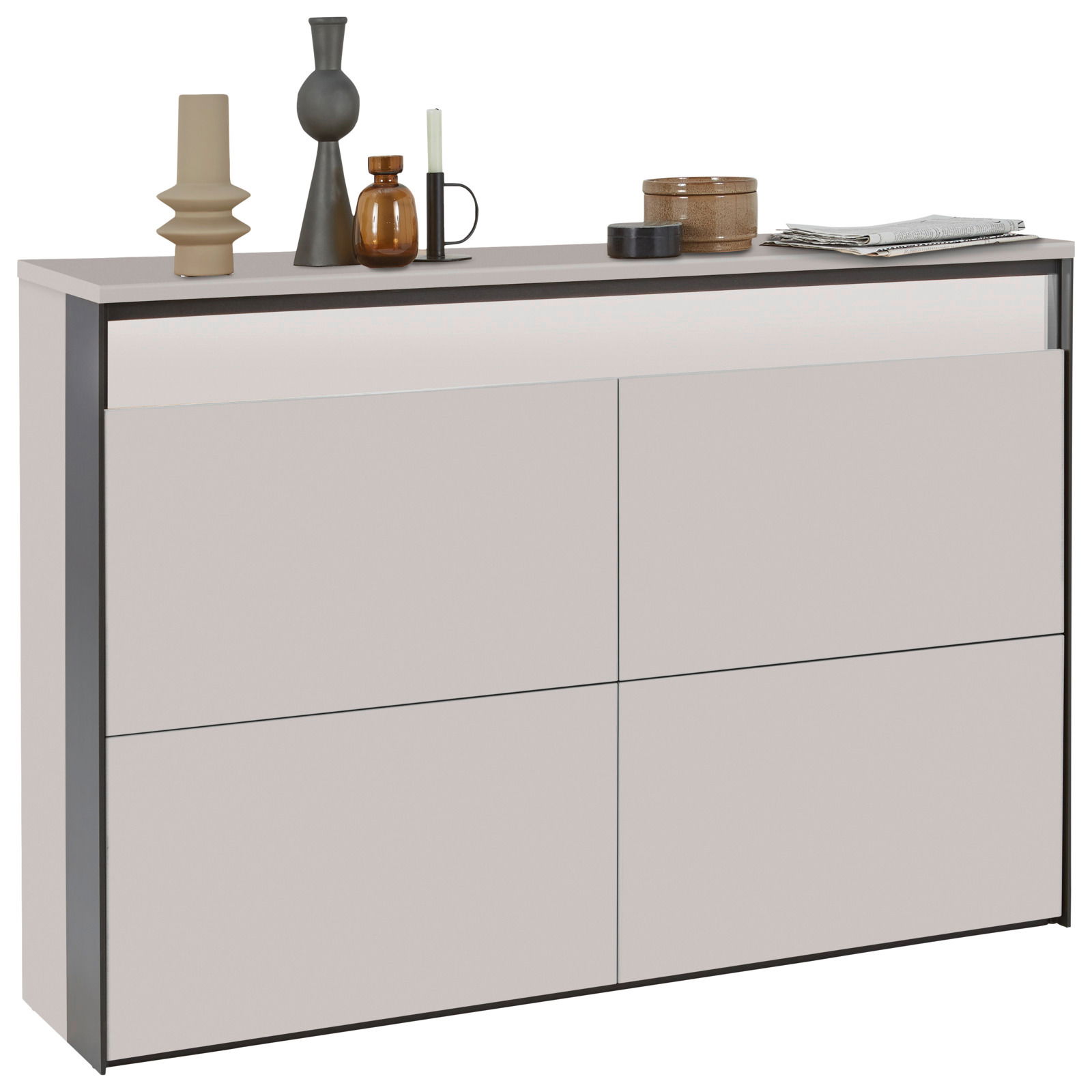 Moderner Hängeschuhschrank in Weiß mit dekorativen Objekten auf der Oberseite, seitliche Perspektive