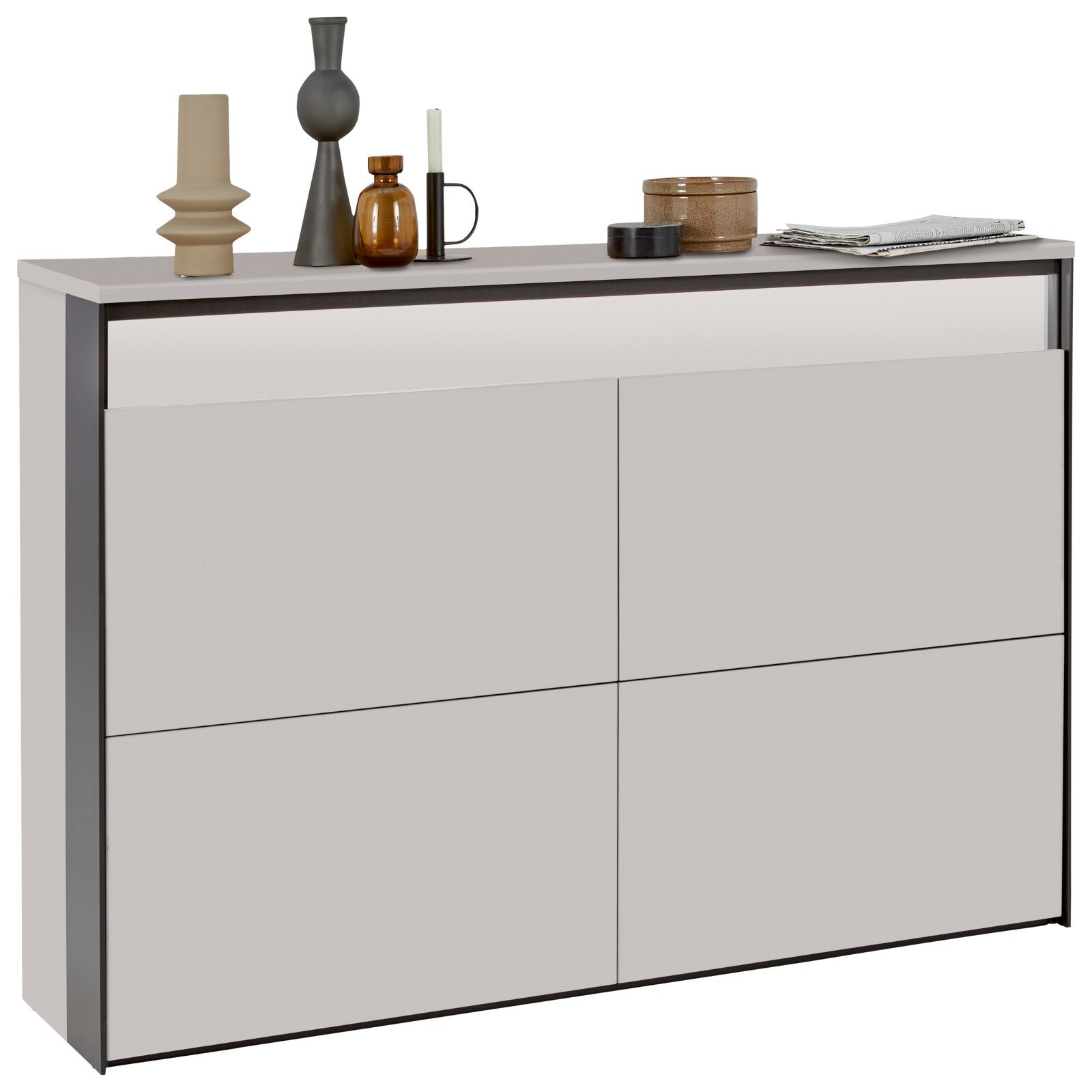 Voleo Hängeschuhschrank ZAYA Moderner Hängeschuhschrank in Weiß mit dekorativen Objekten auf der Oberseite, seitliche Perspektive