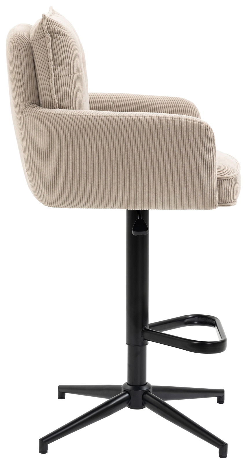 Seitenansicht eines modernen Barhockers mit beigem, geripptem Stoffbezug und schwarzem Metallgestell.