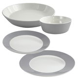 Dinnerset 19-teilig in Grau, bestehend aus verschiedenen Tellern und Schalen, aus der Vogelperspektive fotografiert.