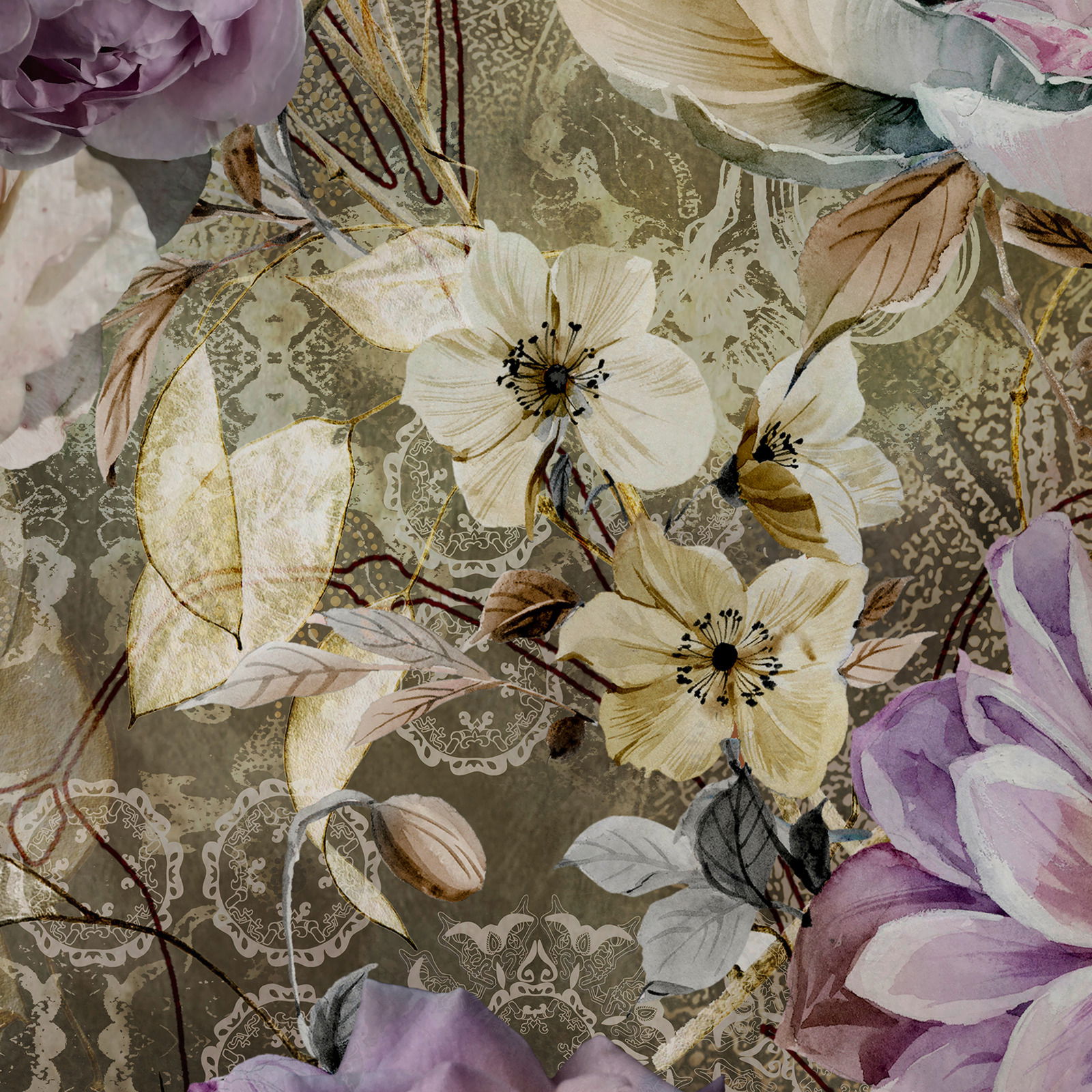 Detailansicht einer Wendebettwäsche mit floralen Mustern in sanften Farben, darunter lila und gelbe Blüten auf einem gemusterten Hintergrund.